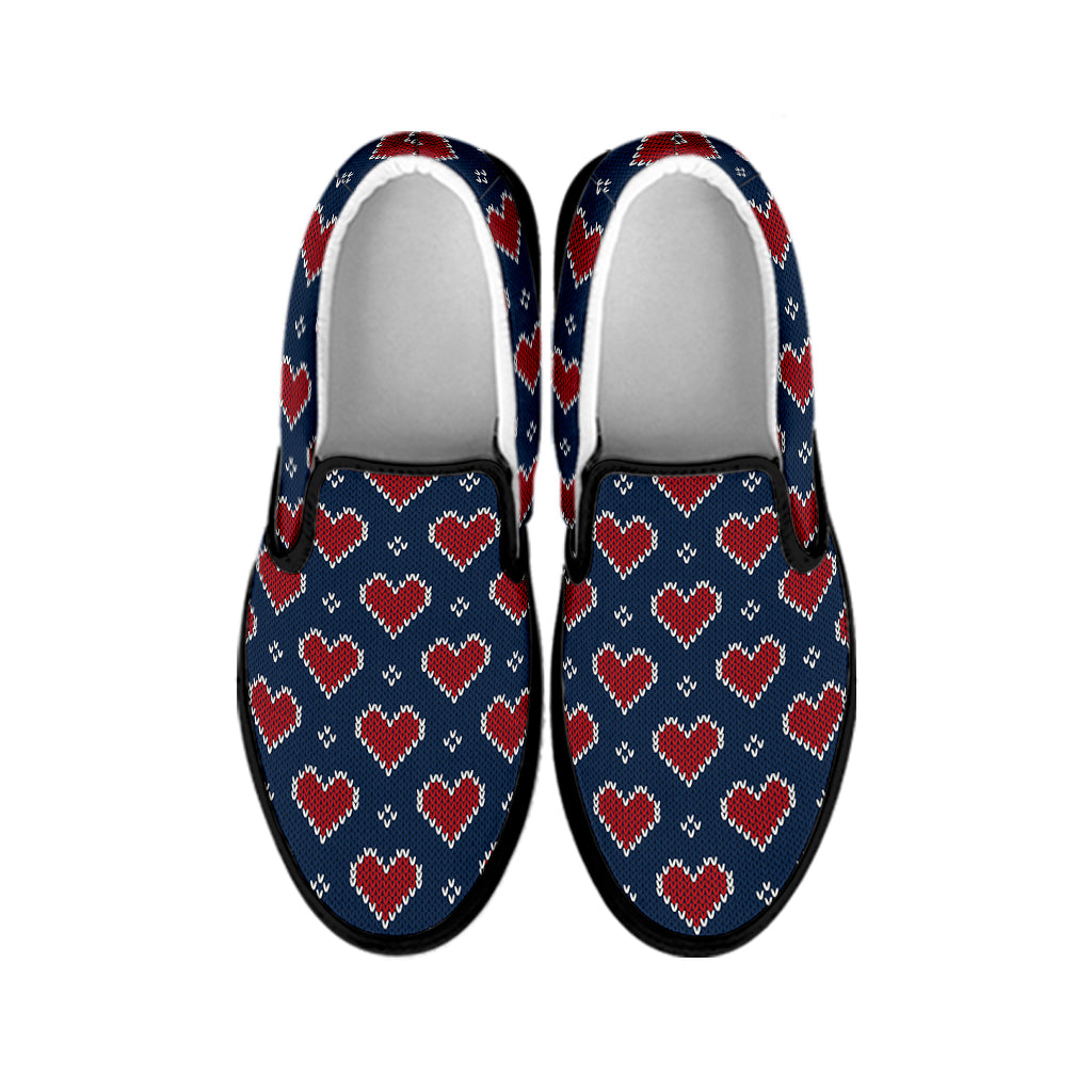 Heart Knitted Pattern Print Black Slip On Shoes