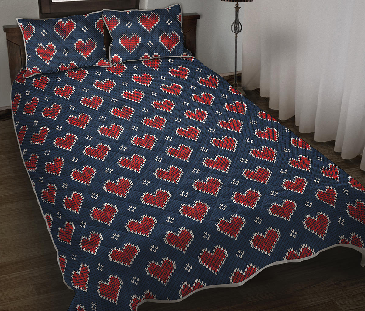 Heart Knitted Pattern Print Quilt Bed Set