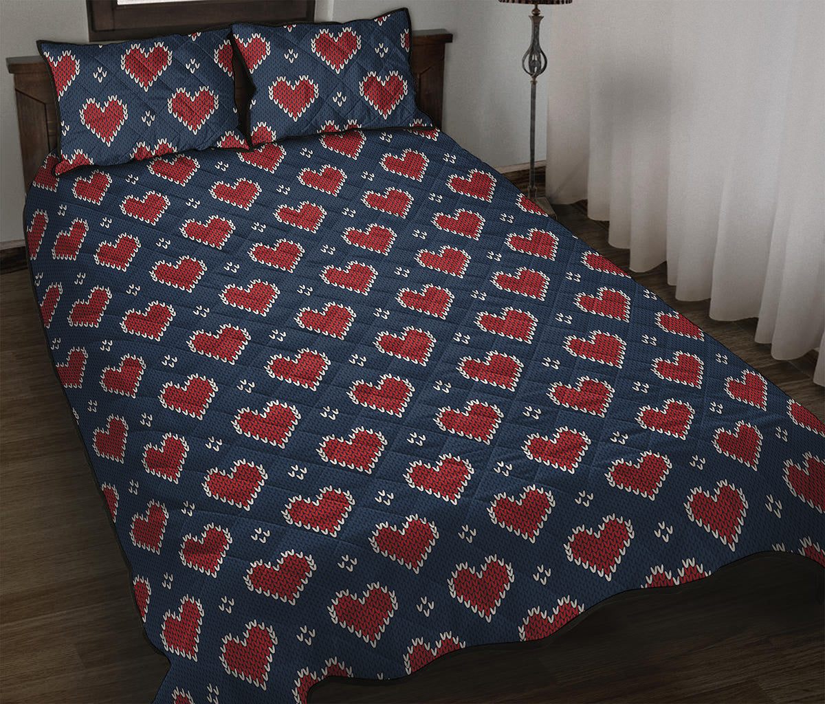 Heart Knitted Pattern Print Quilt Bed Set