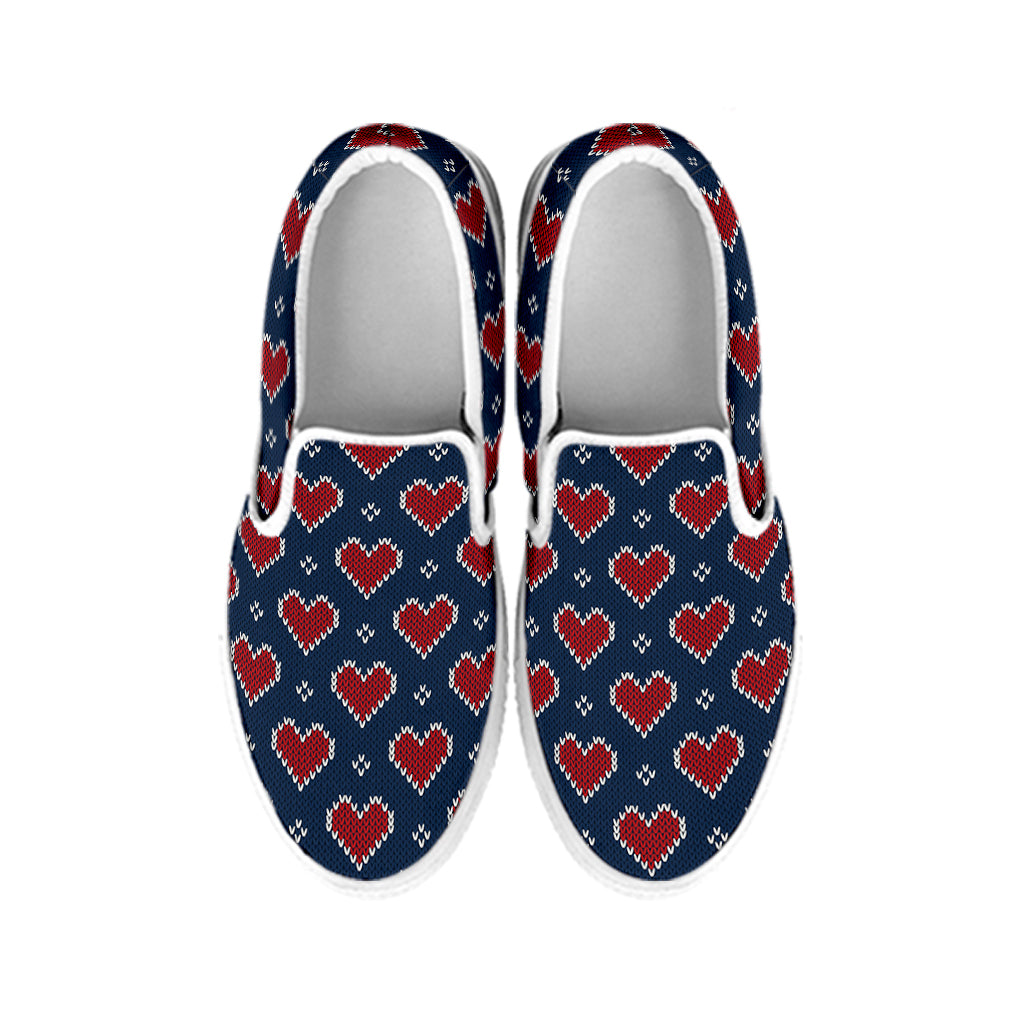 Heart Knitted Pattern Print White Slip On Shoes