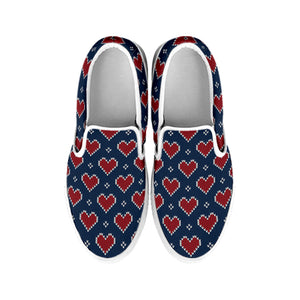 Heart Knitted Pattern Print White Slip On Shoes