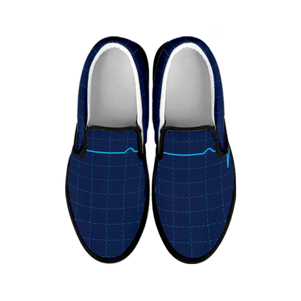 Heartbeat Electrocardiogram Print Black Slip On Shoes