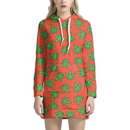 Hemp Leaf Pattern Print Hoodie Dress
