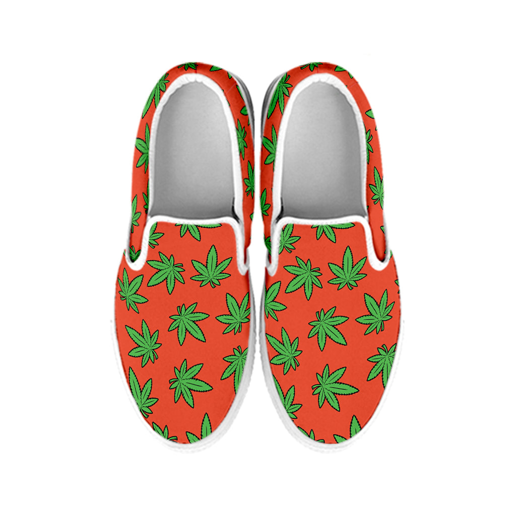 Hemp Leaf Pattern Print White Slip On Shoes