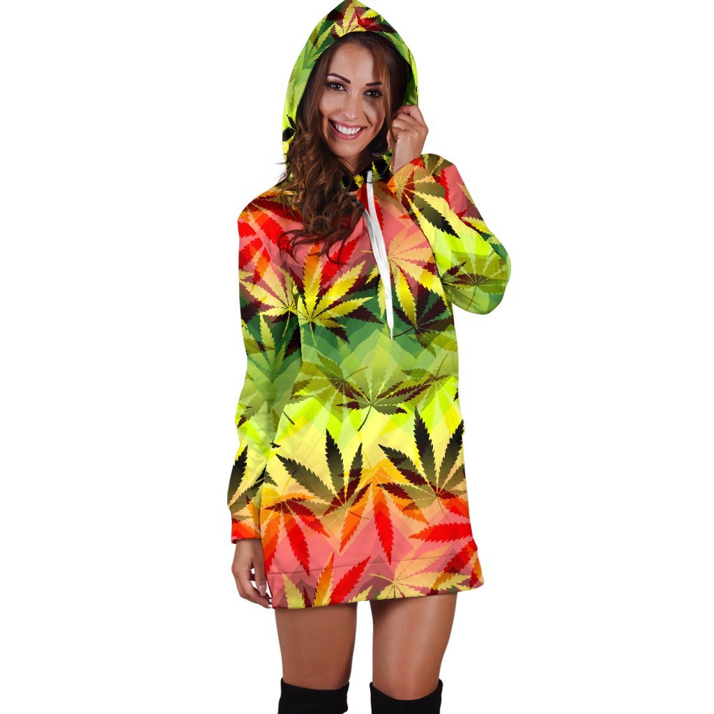 Hemp Leaf Reggae Pattern Print Hoodie Dress GearFrost