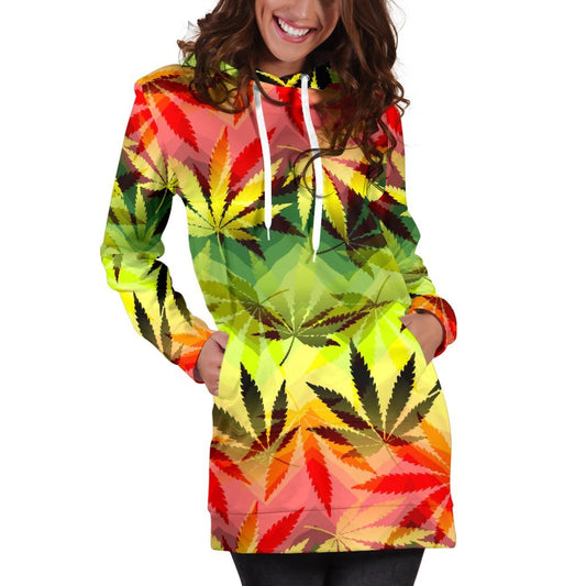 Hemp Leaf Reggae Pattern Print Hoodie Dress GearFrost