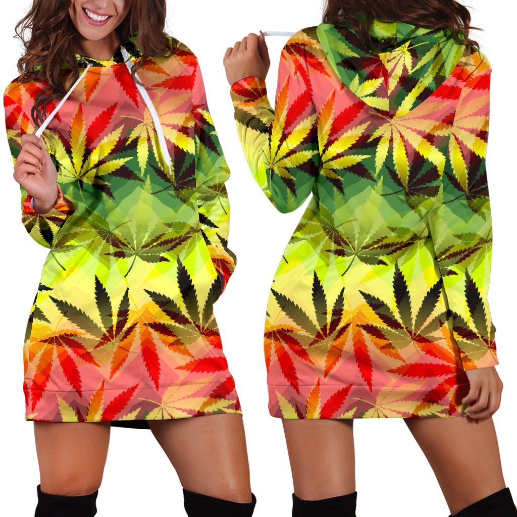 Hemp Leaf Reggae Pattern Print Hoodie Dress GearFrost