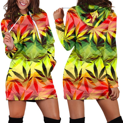Hemp Leaf Reggae Pattern Print Hoodie Dress GearFrost