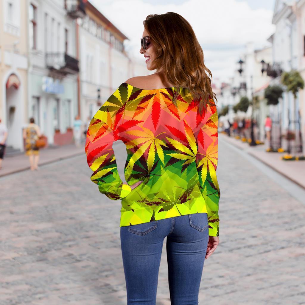 Hemp Leaf Reggae Pattern Print Off Shoulder Sweatshirt GearFrost