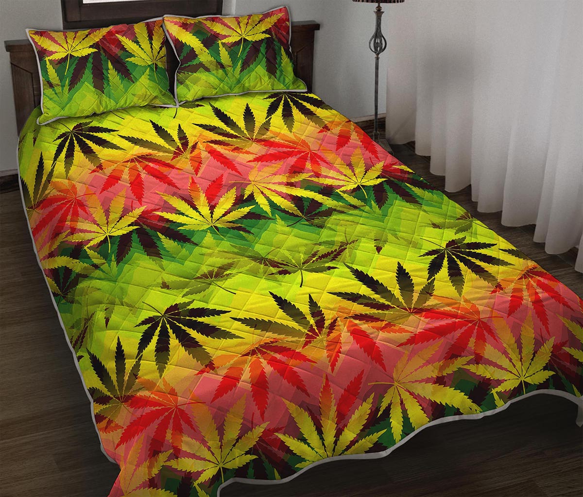 Hemp Leaf Reggae Pattern Print Quilt Bed Set