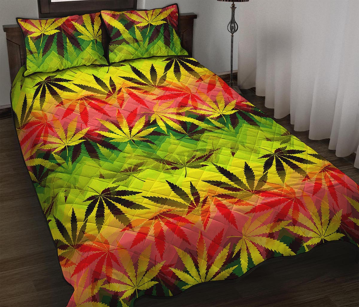 Hemp Leaf Reggae Pattern Print Quilt Bed Set