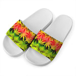 Hemp Leaf Reggae Pattern Print White Slide Sandals