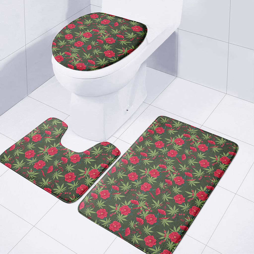 Hemp Leaves And Flowers Pattern Print 3 Piece Bath Mat Set