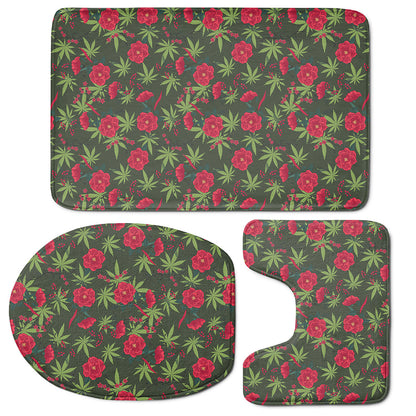 Hemp Leaves And Flowers Pattern Print 3 Piece Bath Mat Set