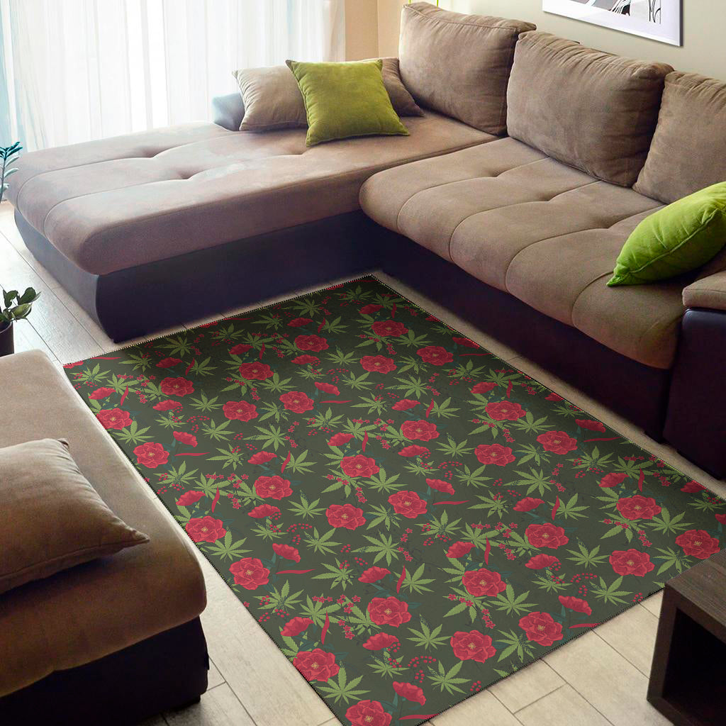 Hemp Leaves And Flowers Pattern Print Area Rug