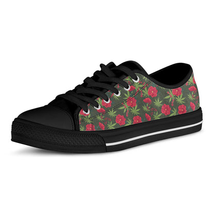 Hemp Leaves And Flowers Pattern Print Black Low Top Shoes