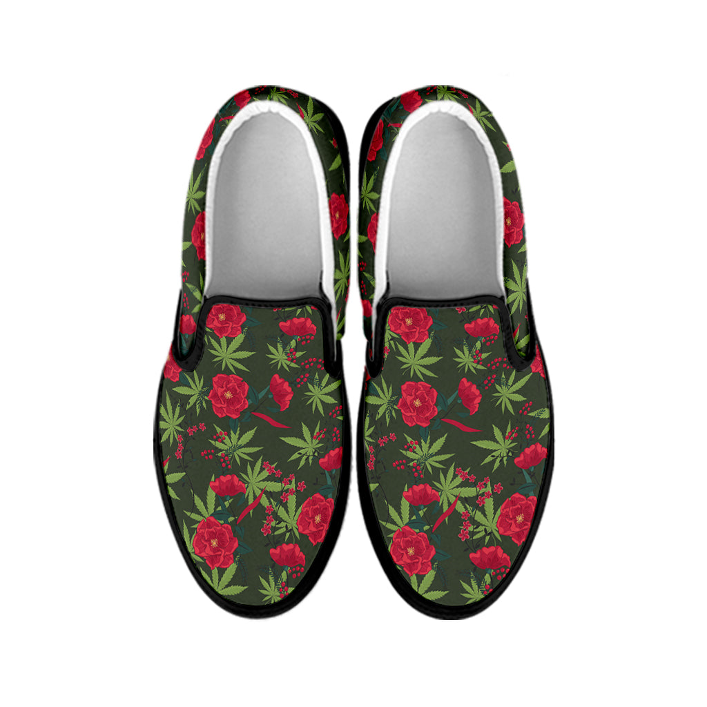 Hemp Leaves And Flowers Pattern Print Black Slip On Shoes