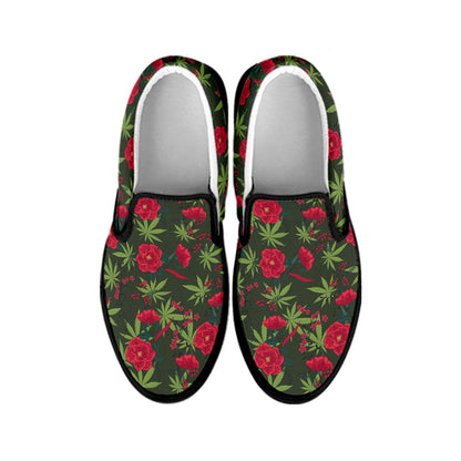 Hemp Leaves And Flowers Pattern Print Black Slip On Shoes