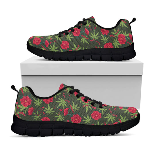 Hemp Leaves And Flowers Pattern Print Black Sneakers