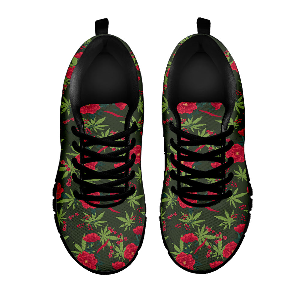 Hemp Leaves And Flowers Pattern Print Black Sneakers