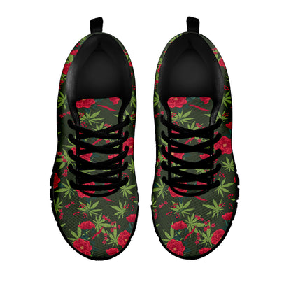 Hemp Leaves And Flowers Pattern Print Black Sneakers