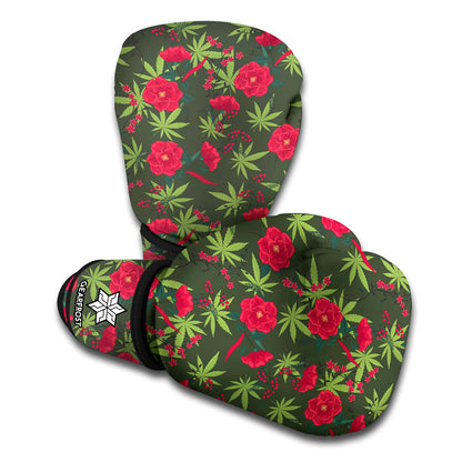Hemp Leaves And Flowers Pattern Print Boxing Gloves