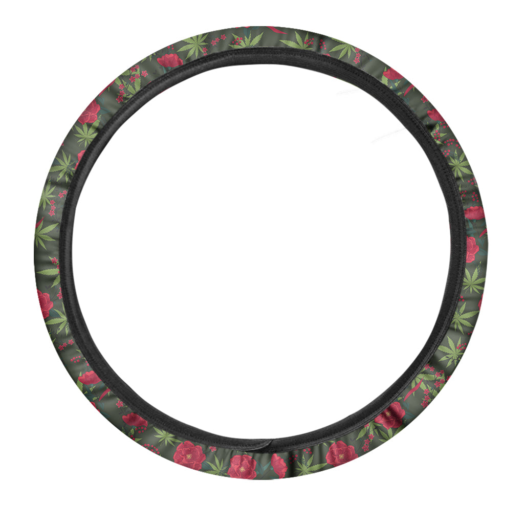 Hemp Leaves And Flowers Pattern Print Car Steering Wheel Cover