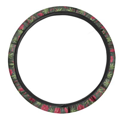 Hemp Leaves And Flowers Pattern Print Car Steering Wheel Cover
