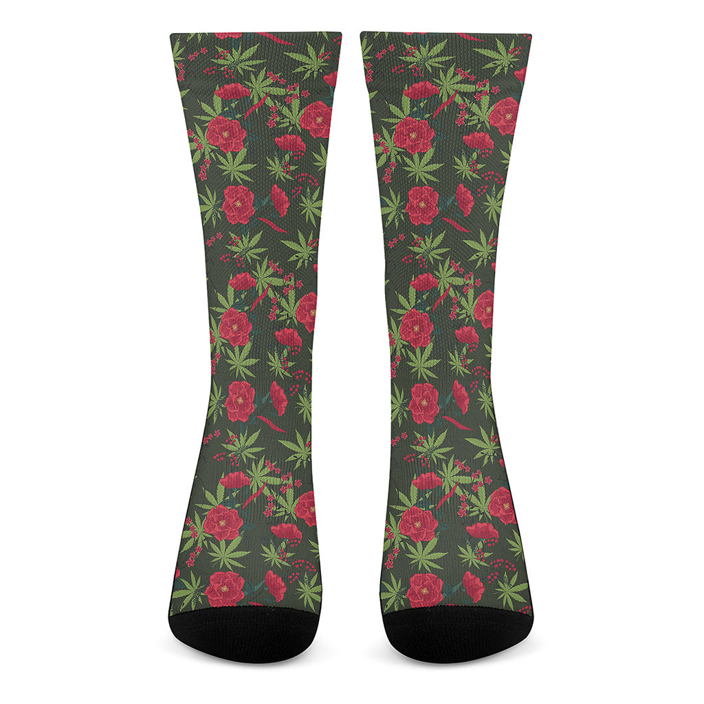 Hemp Leaves And Flowers Pattern Print Crew Socks