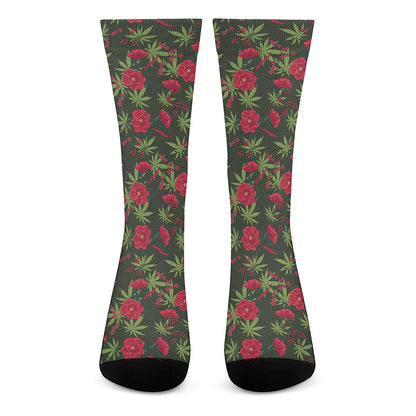 Hemp Leaves And Flowers Pattern Print Crew Socks