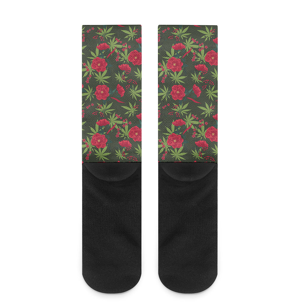 Hemp Leaves And Flowers Pattern Print Crew Socks