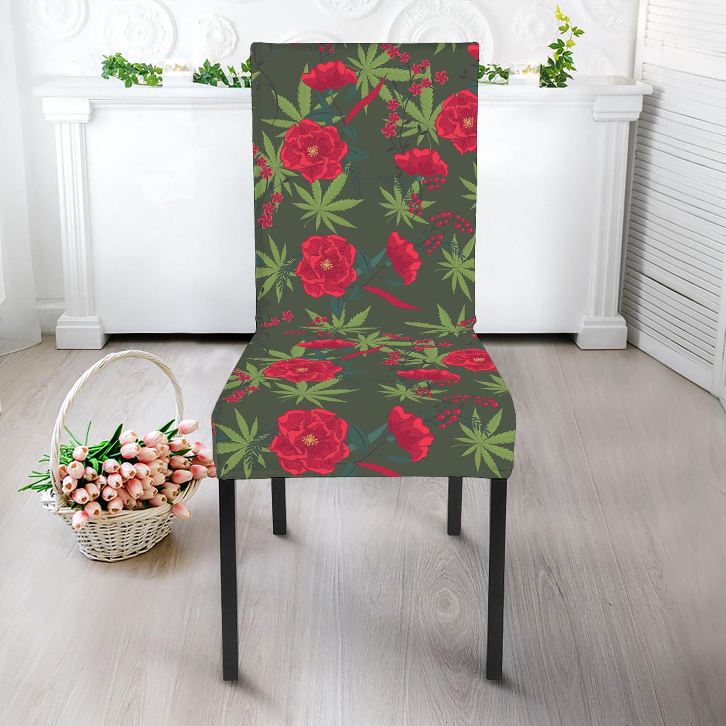Hemp Leaves And Flowers Pattern Print Dining Chair Slipcover