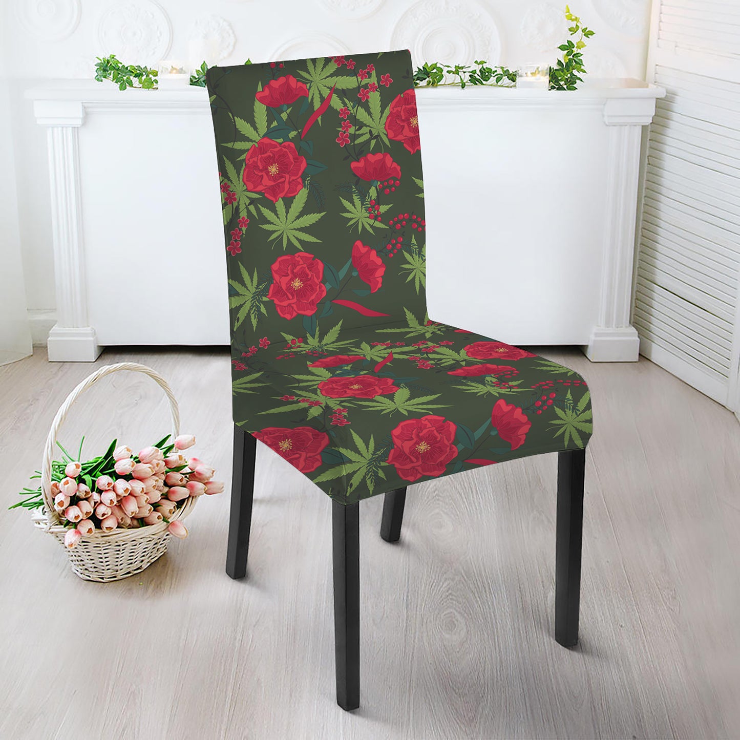 Hemp Leaves And Flowers Pattern Print Dining Chair Slipcover