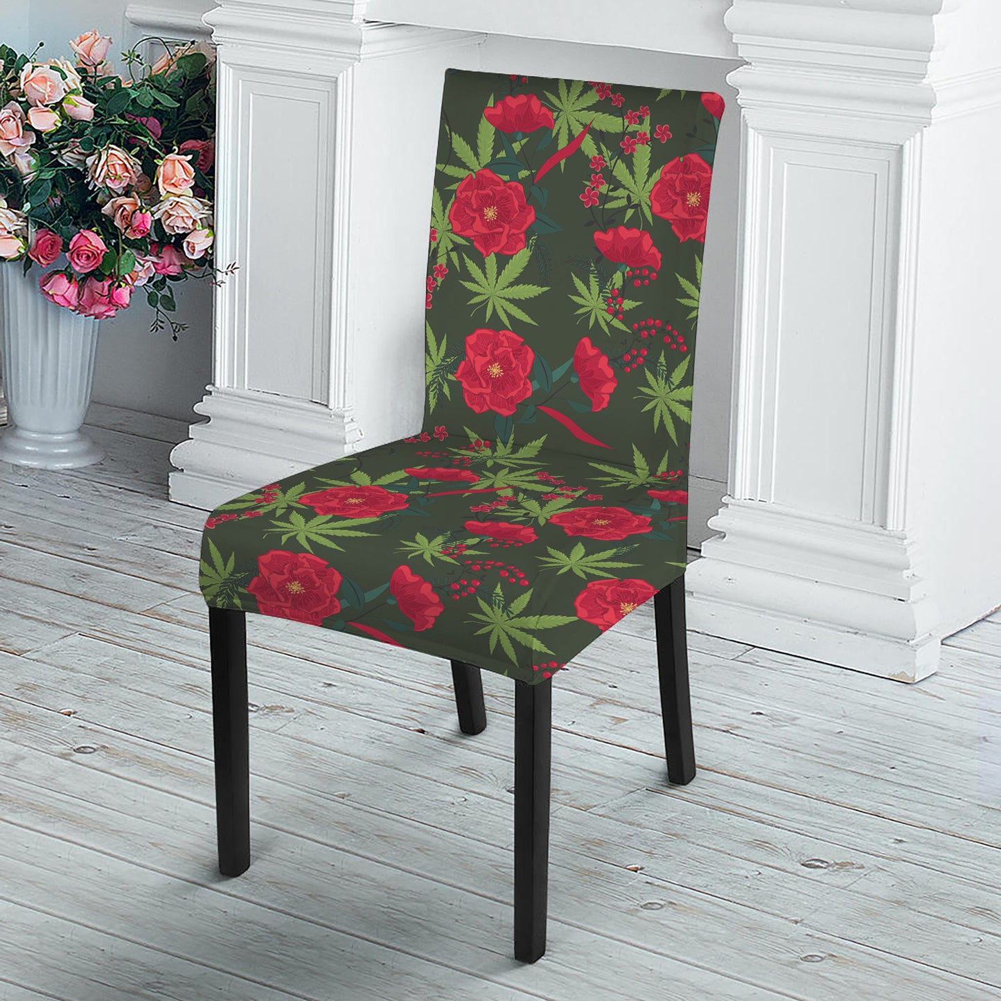 Hemp Leaves And Flowers Pattern Print Dining Chair Slipcover
