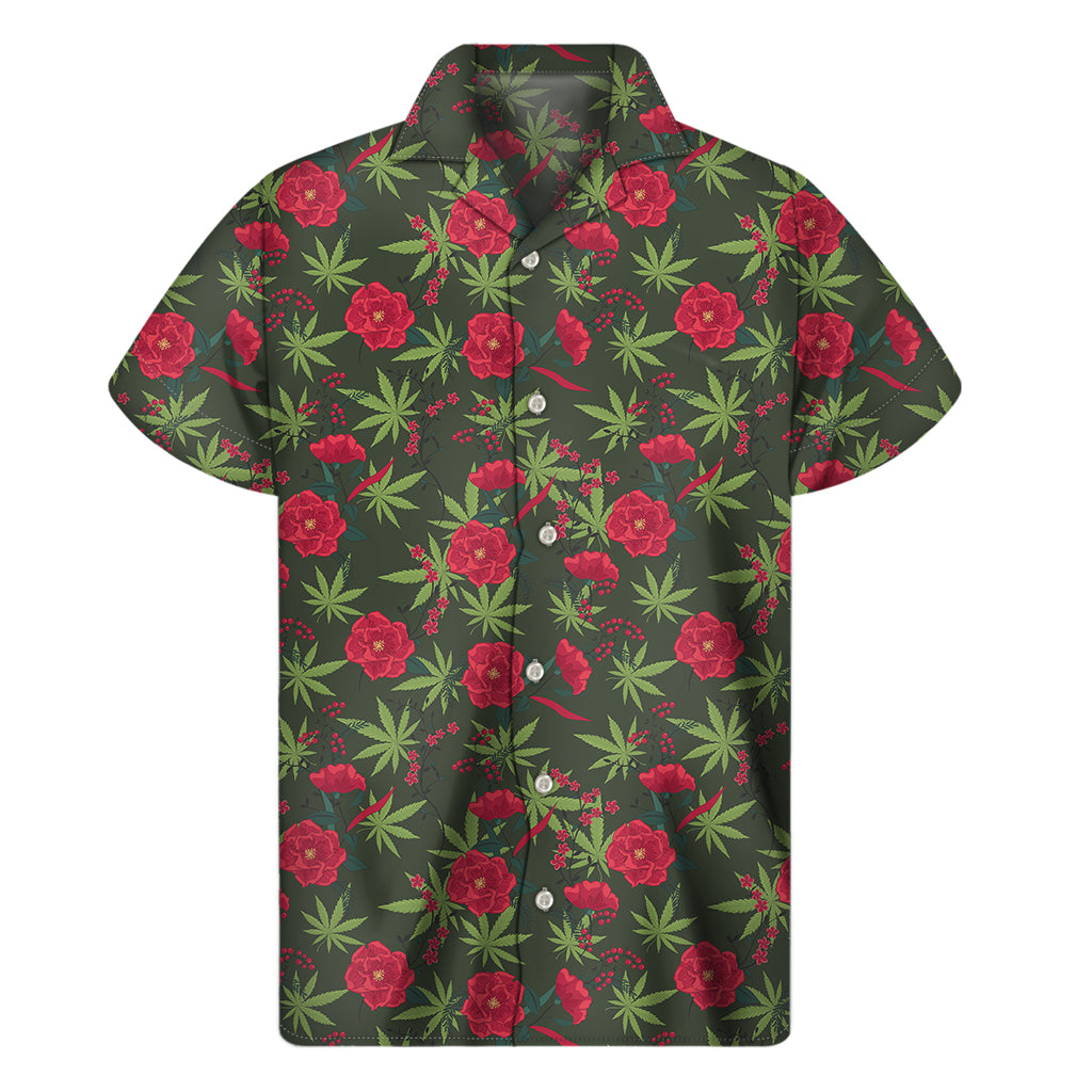 Hemp Leaves And Flowers Pattern Print Men's Short Sleeve Shirt