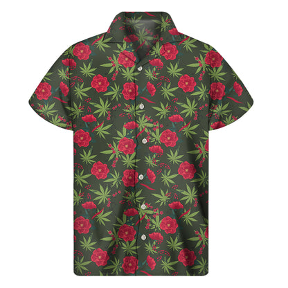 Hemp Leaves And Flowers Pattern Print Men's Short Sleeve Shirt