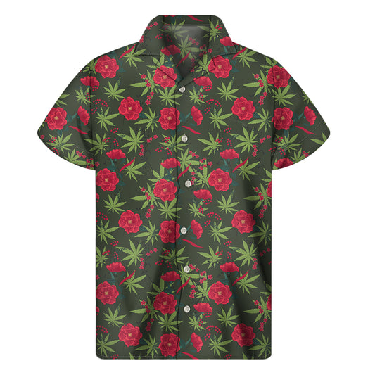 Hemp Leaves And Flowers Pattern Print Men's Short Sleeve Shirt