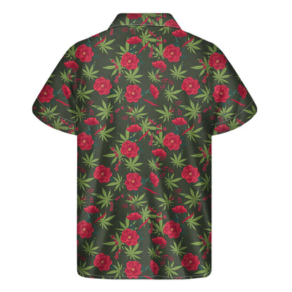 Hemp Leaves And Flowers Pattern Print Men's Short Sleeve Shirt
