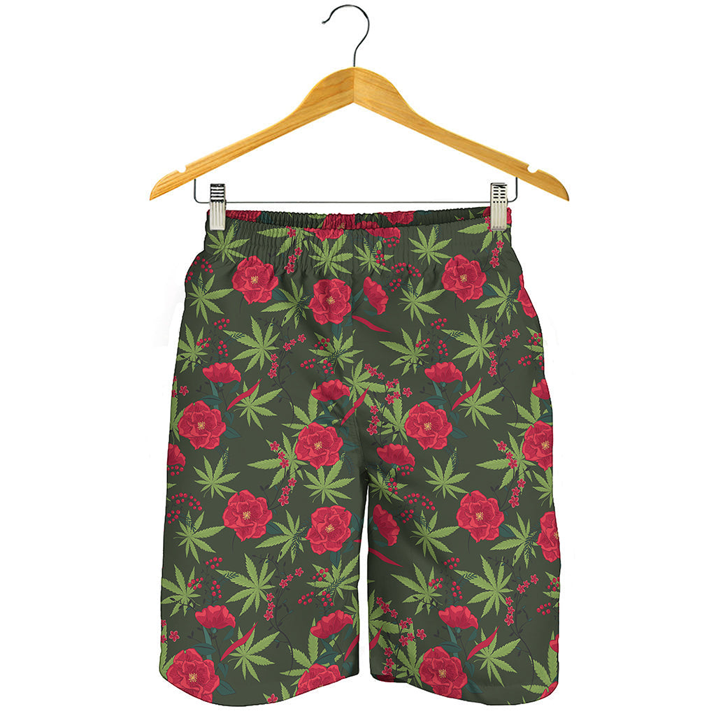 Hemp Leaves And Flowers Pattern Print Men's Shorts