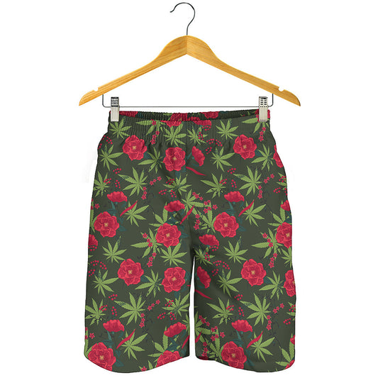 Hemp Leaves And Flowers Pattern Print Men's Shorts