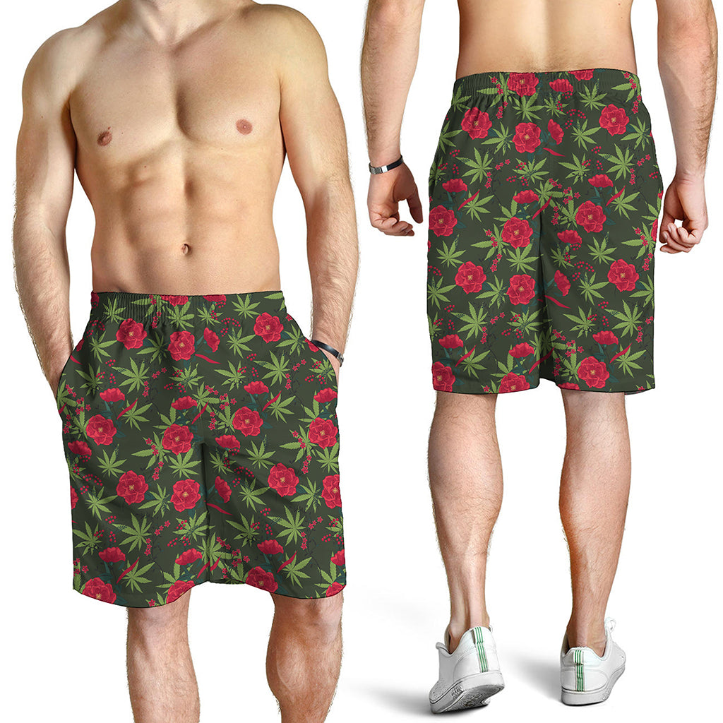 Hemp Leaves And Flowers Pattern Print Men's Shorts