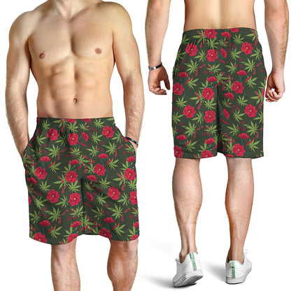 Hemp Leaves And Flowers Pattern Print Men's Shorts