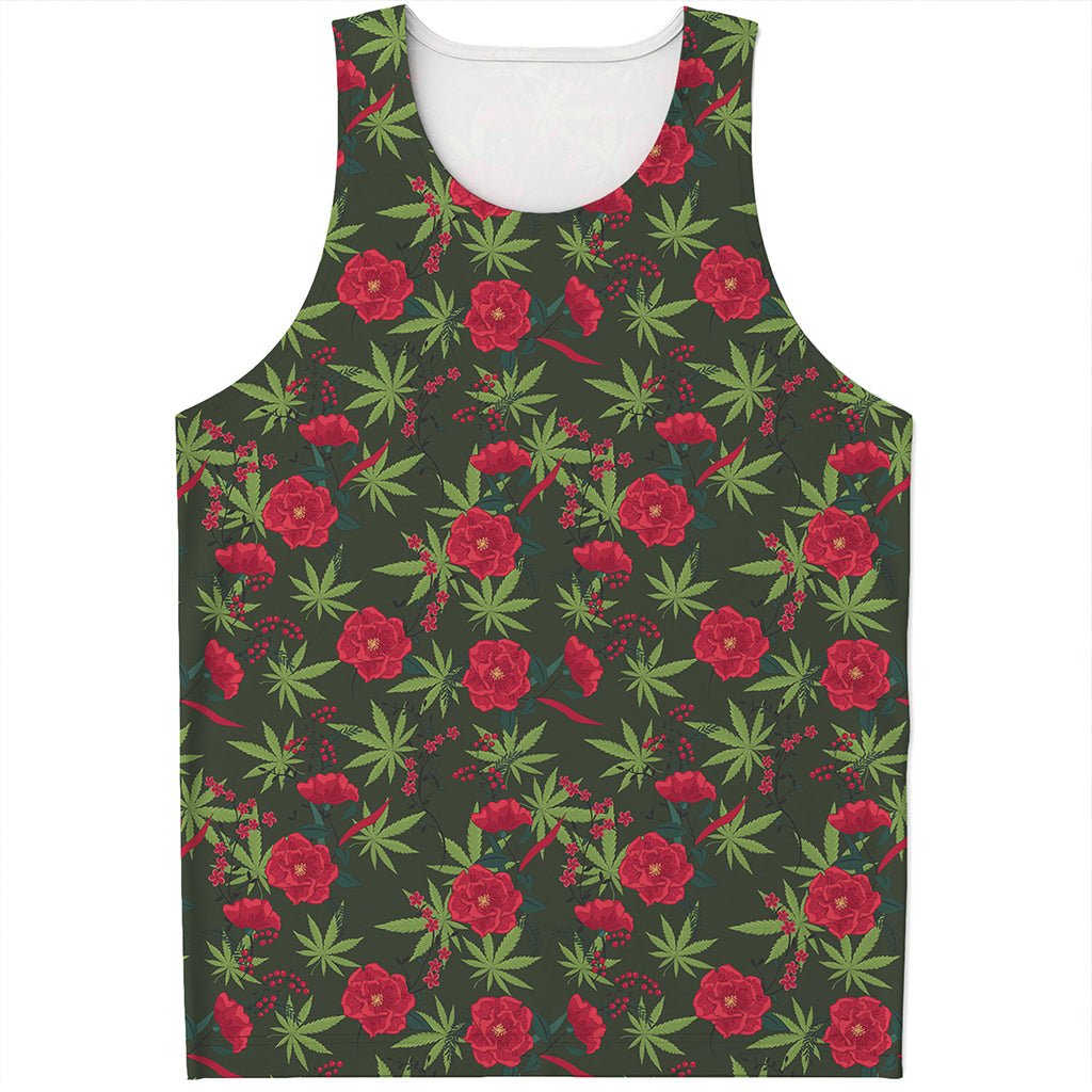 Hemp Leaves And Flowers Pattern Print Men's Tank Top