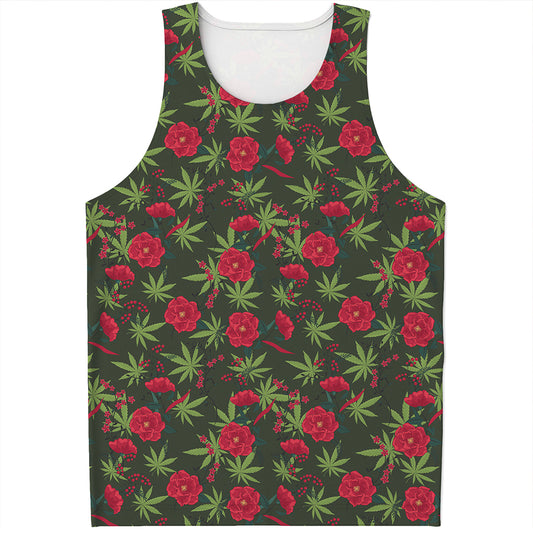 Hemp Leaves And Flowers Pattern Print Men's Tank Top