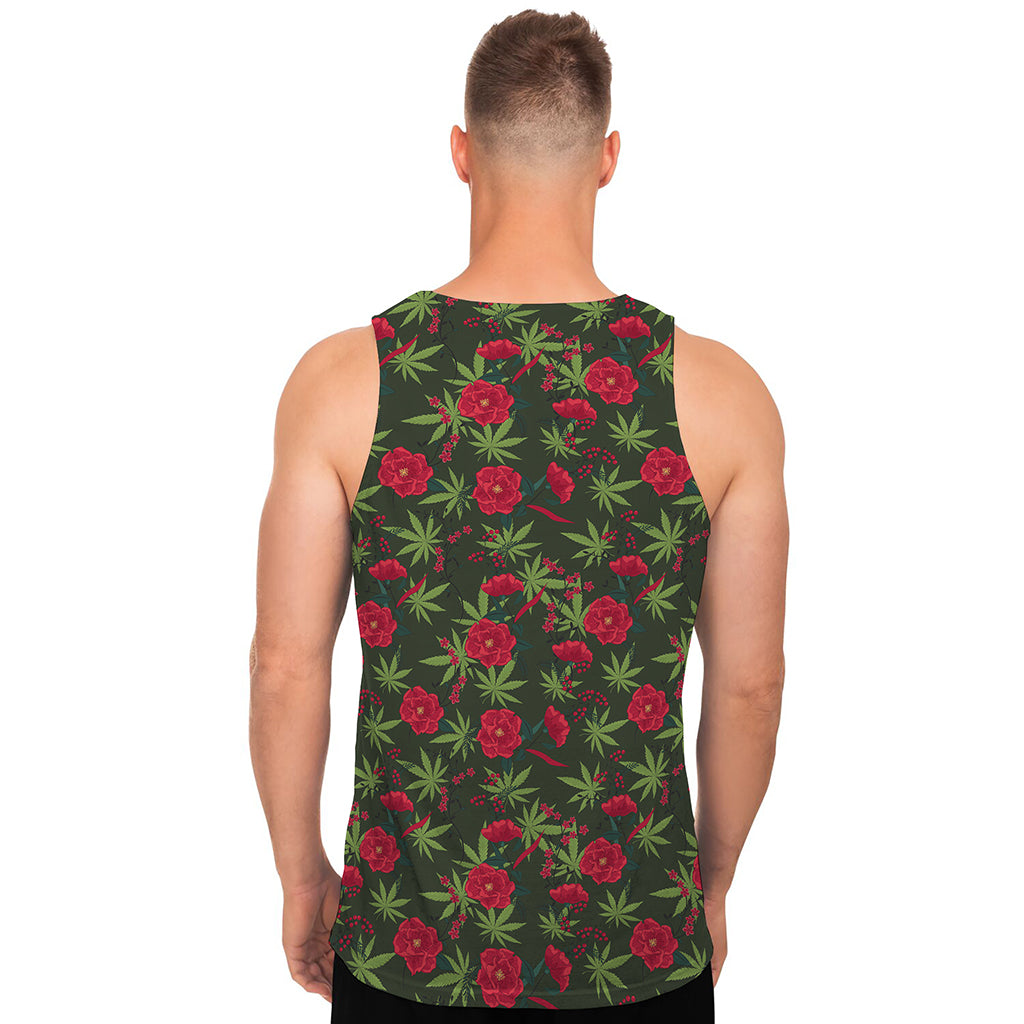 Hemp Leaves And Flowers Pattern Print Men's Tank Top