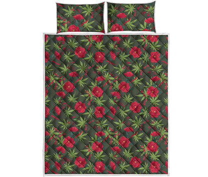 Hemp Leaves And Flowers Pattern Print Quilt Bed Set