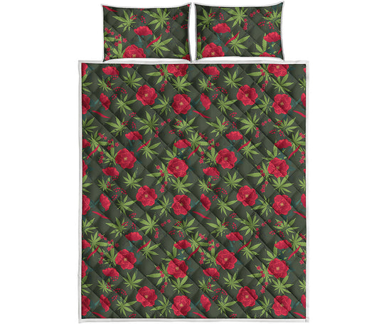 Hemp Leaves And Flowers Pattern Print Quilt Bed Set