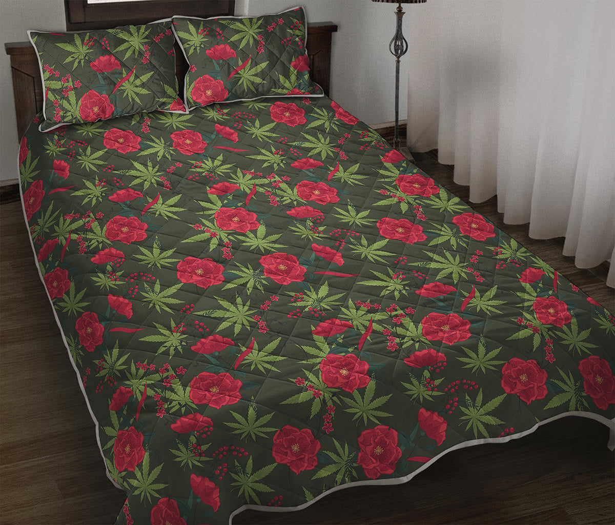 Hemp Leaves And Flowers Pattern Print Quilt Bed Set