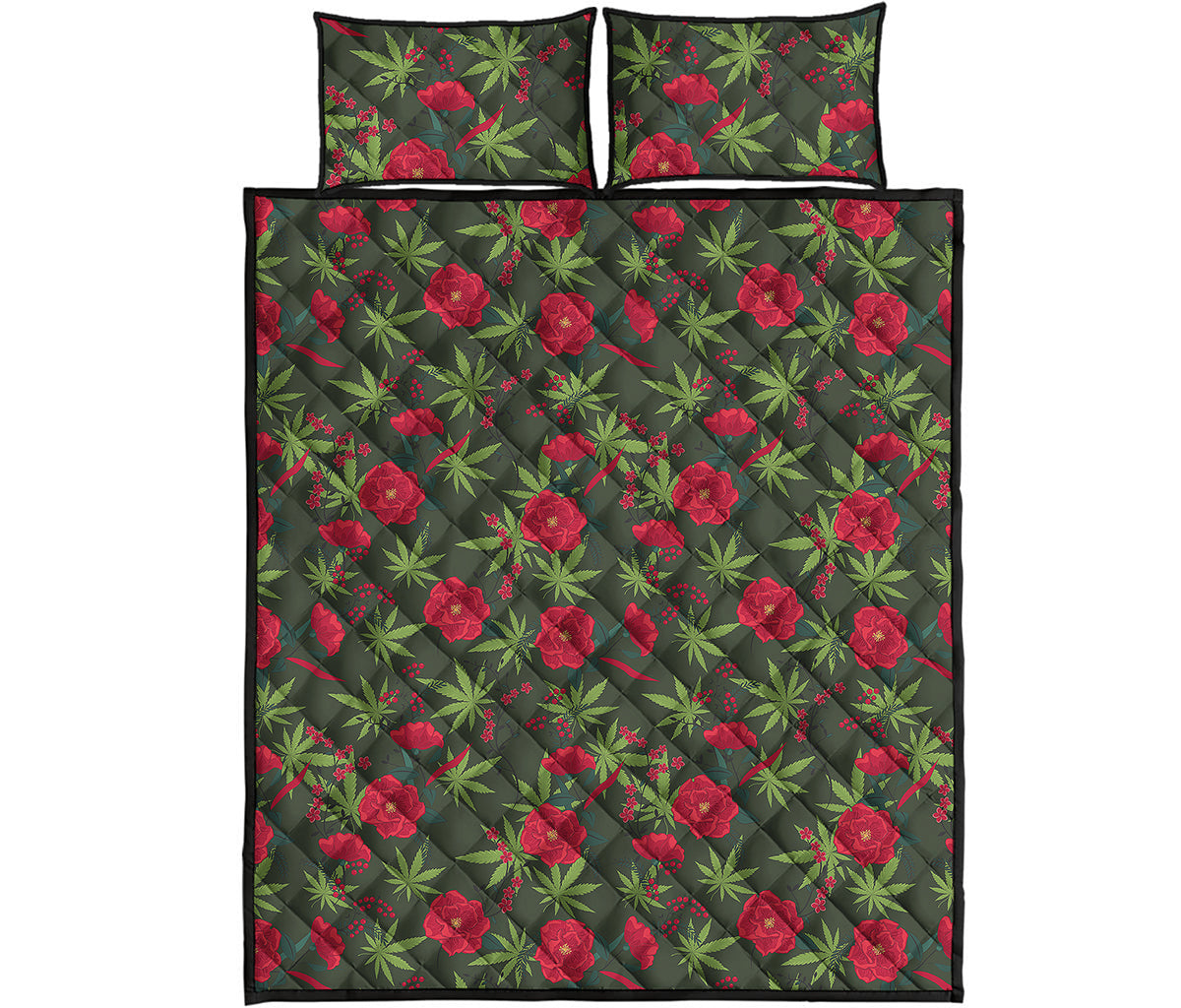 Hemp Leaves And Flowers Pattern Print Quilt Bed Set