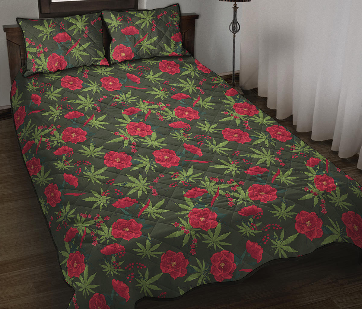 Hemp Leaves And Flowers Pattern Print Quilt Bed Set